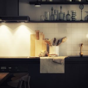 Render 3D del detalle de la cocina