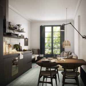 Render 3D de la sala de estar - cocina