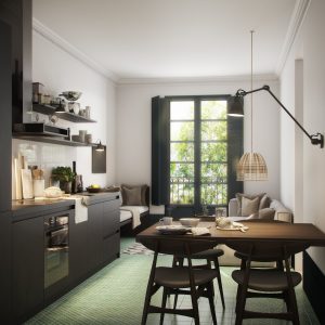 Renderización 3D de sala de estar y cocina en apartamento de Barcelona.