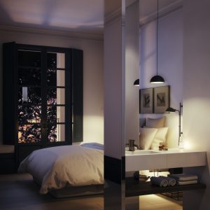 Render 3D nocturno de la habitación principal