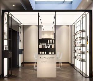 Renderización 3D de stand de cosméticos con diseño atractivo.