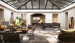 Render 3D de áreas comunes de hotel en Madrid con estilo contemporáneo.