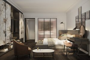 Render 3D de hotel en Bruselas con diseño elegante de interiores.