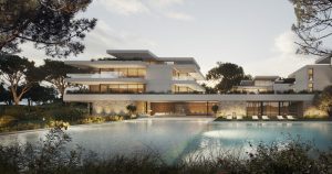 Render 3D de viviendas modernas en Cádiz con detalles exteriores.
