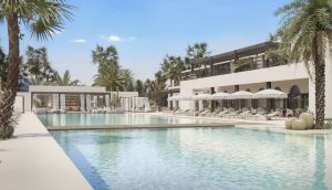 Infografía 3D de complejo hotelero en Fuerteventura con vistas exteriores.