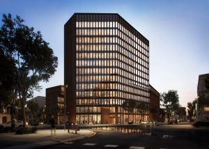 Visualización 3D de oficinas modernas en Barcelona.