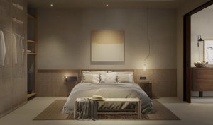 Render 3D de habitación de hotel en la Costa Brava con estilo acogedor.