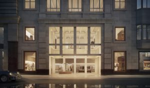 Infografía 3D de una tienda en Londres con detalles arquitectónicos.