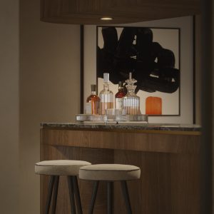 Render 3D de un piso en Madrid con diseño de interiores modernos.